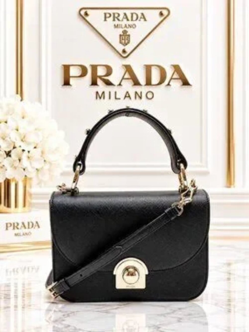 Authentic Prada Black Saffiano Leather Top Handle Crossbody Bag Gold Hardware